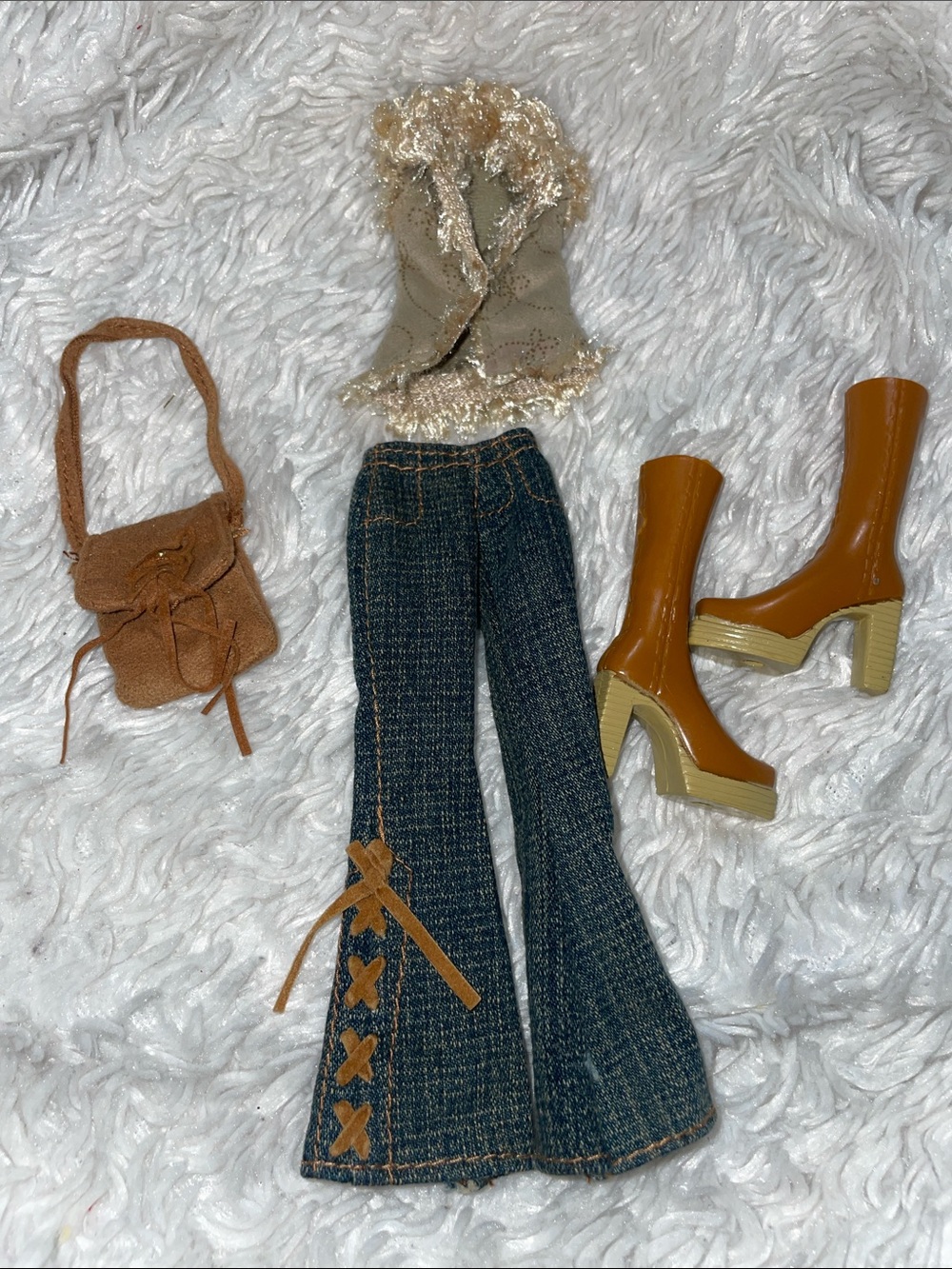 Bratz Yasmin Brown Purse Denim Jeans Vest & Platform Knee High Boots